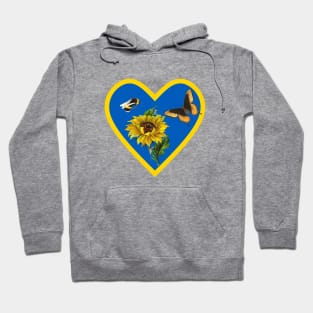 Sunflowers Bee and Butterfly in Blue and Yellow Heart Hoodie